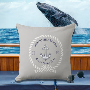 Coussin Nom du bateau nautique Ancre corde de bienvenue gr