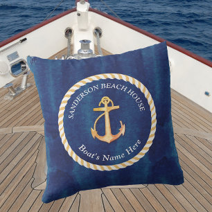 Coussin Nom du bateau nautique Ancre corde Marine bleu jau