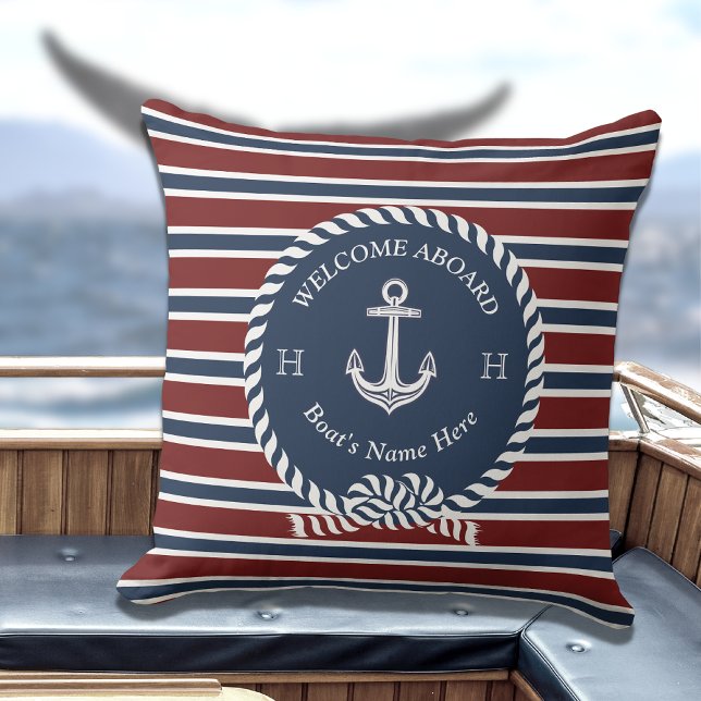 Coussin Nom du bateau nautique Ancre Corde Marine Blue Wel (Créateur téléchargé)