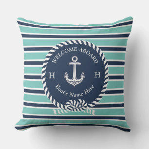 Coussin Nom du bateau nautique Ancre corde Turquoise Blue