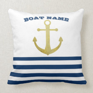 Coussin Nom du bateau nautique, Ancre d'or Bleu de la Mari