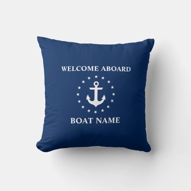 Coussin Nom du bateau nautique Ancre Étoiles Bleu Bienvenu (Recto)
