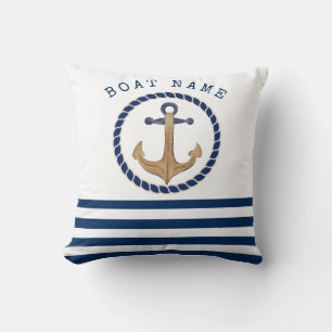 Coussin Nom du bateau nautique, Ancre rétro Marine Bleu ra