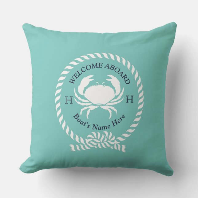 Coussin Nom du bateau nautique Corde de crabe Bleu Turquoi (Recto)