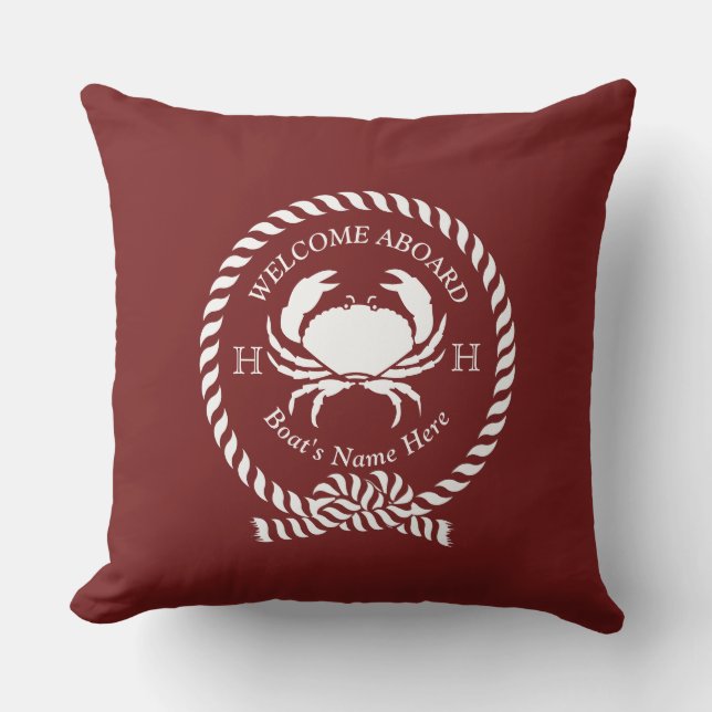 Coussin Nom du bateau nautique Corde de crabe Maroon Rouge (Recto)