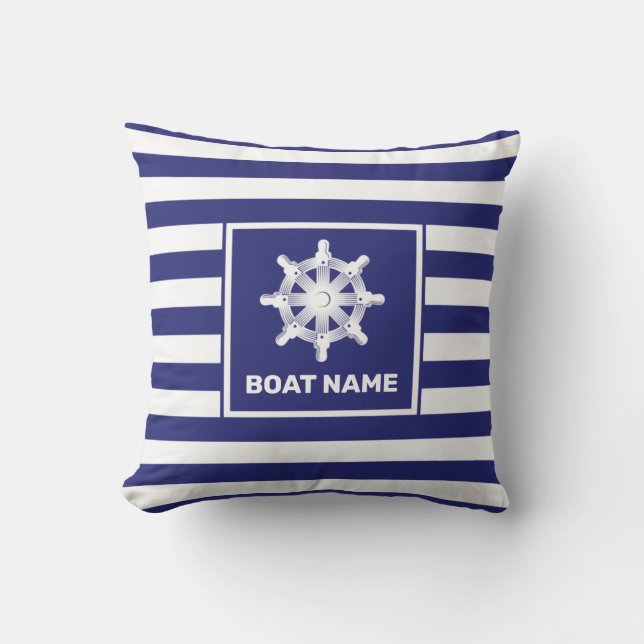 Coussin Nom du bateau nautique Marine Blue Stried Design (Recto)