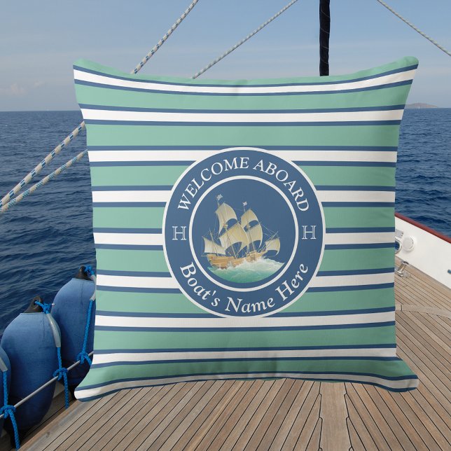 Coussin Nom du bateau nautique turquoise à rayures bleues  (Créateur téléchargé)