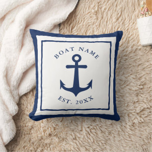 Coussin Nom du bateau personnalisé Ancre Blanc Marine Bleu