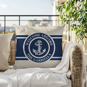 Coussin Nom Du Bateau Personnalisé Ancre Blanche Sur Sable