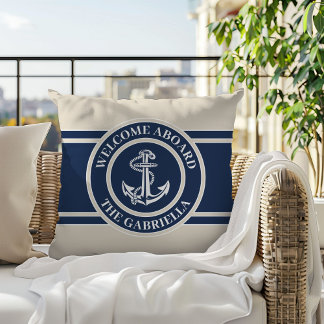 Coussin Nom Du Bateau Personnalisé Ancre Blanche Sur Sable