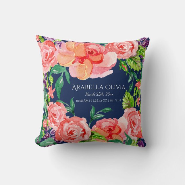 Coussin Nom du bébé Aquarelle moderne Marine Flore Bande (Recto)