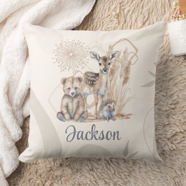 Coussin Nom du bébé customisé Boho Ours Cerf Sexe Neutre (Couverture)