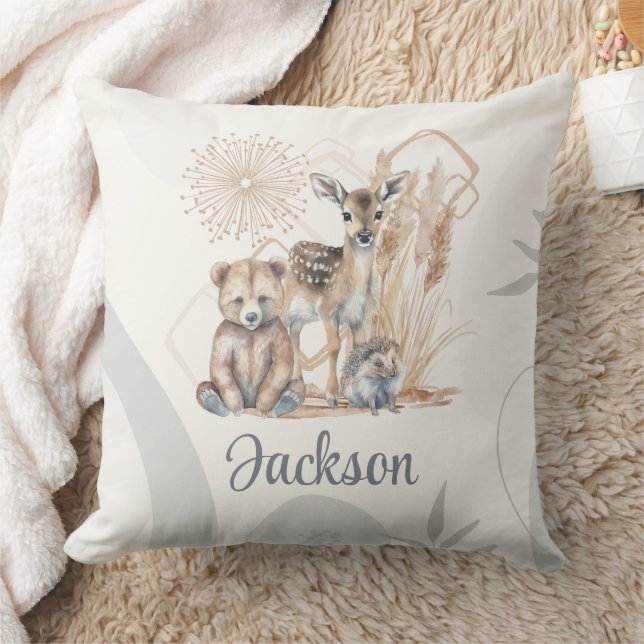 Coussin Nom du bébé customisé Boho Ours Cerf Sexe Neutre (Couverture)