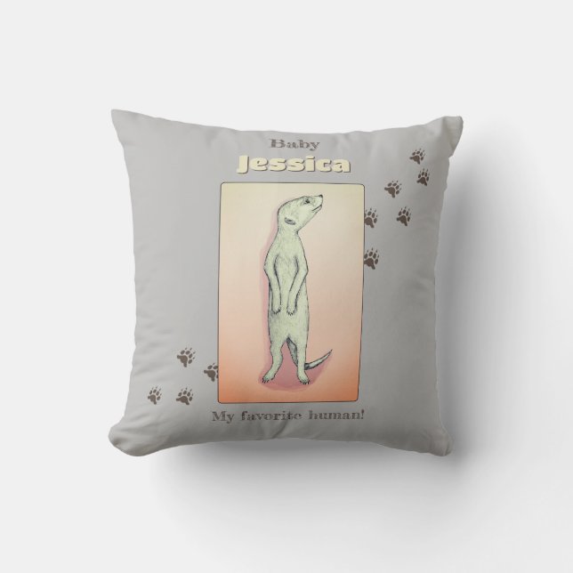 Coussin Nom du bébé Meerkat Meerkat, Pêche Gris Doux Perso (Recto)