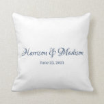 Coussin Nom du couple de marine personnalisée Nom Mariage<br><div class="desc">Couple Personnalisé Nom et Date Mariage Jeu Oreiller. Design élégant,  classique et minimaliste. Texte bleu marine,  arrière - plan blanc</div>