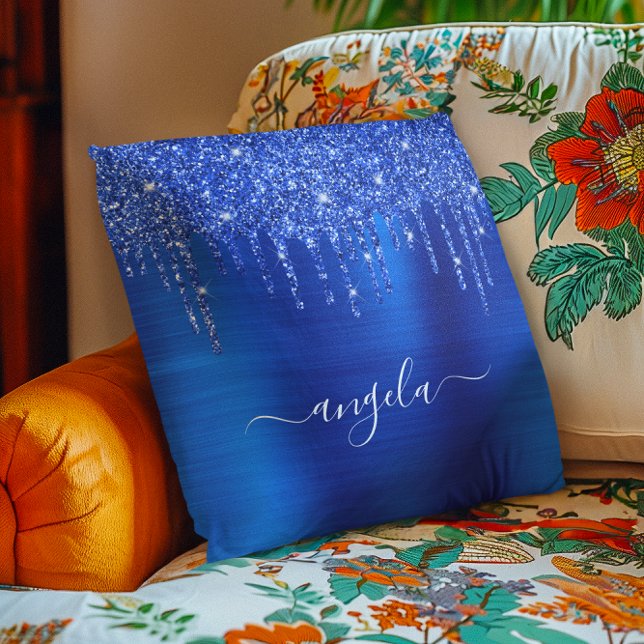 Coussin Nom du glamour de la Parties scintillant bleue roy (Royal Blue Dripping Glitter Glam Name Throw Pillow)