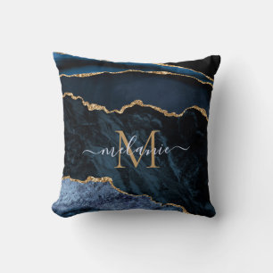Coussin Nom du monogramme Agate Marine Bleu Gold Gemstone 