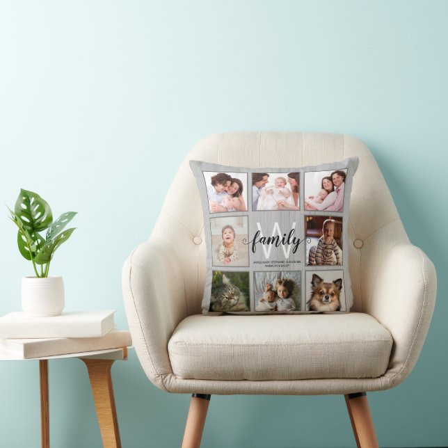 Coussin Nom du monogramme de famille Collage photo rustiqu (Chaise)