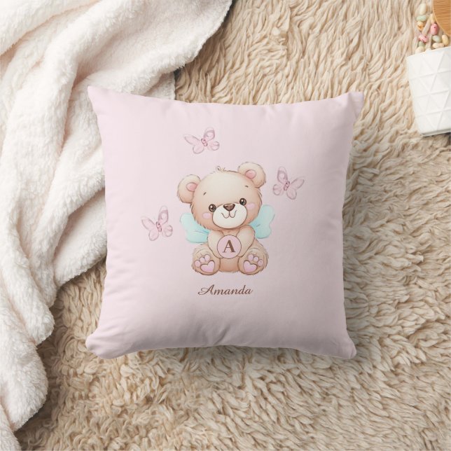 Coussin Nom du monogramme de l'ours mignon rose (Couverture)