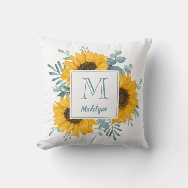 Coussin Nom du monogramme de tournesol Floral personnalisé (Recto)