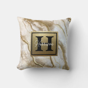 Coussin Nom du monogramme en marbre blanc et or Personnali