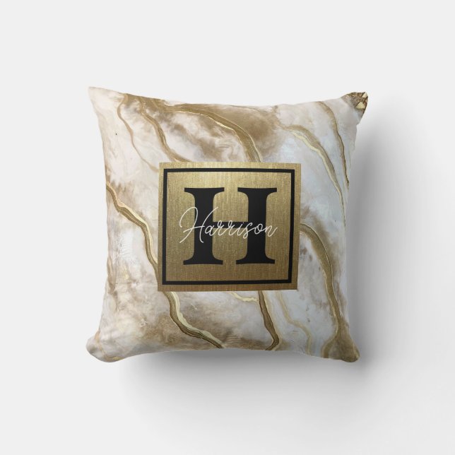 Coussin Nom du monogramme en marbre blanc et or Personnali (Recto)