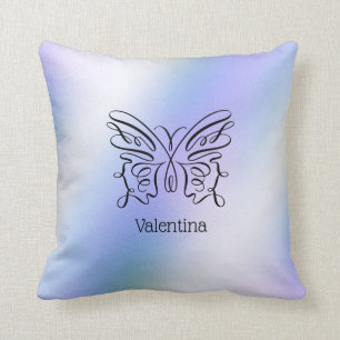 Coussin Nom du monogramme holographique papillon bleu