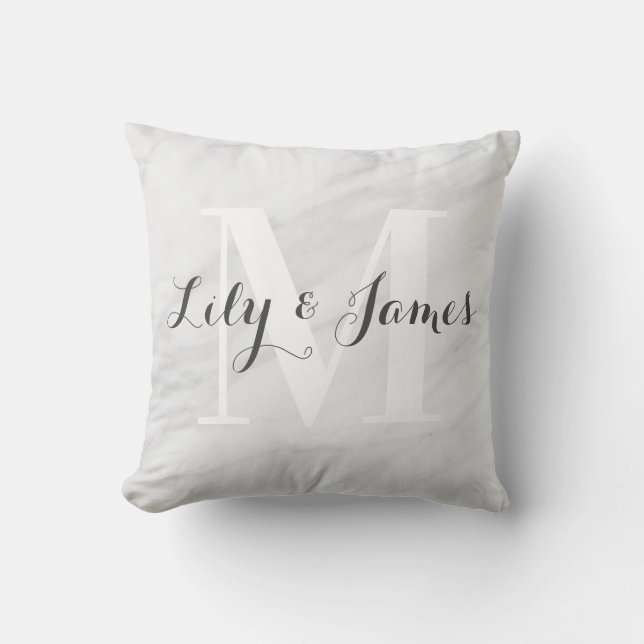 Coussin Nom du monogramme Marbre gris blanc Mariage Keepsa (Recto)