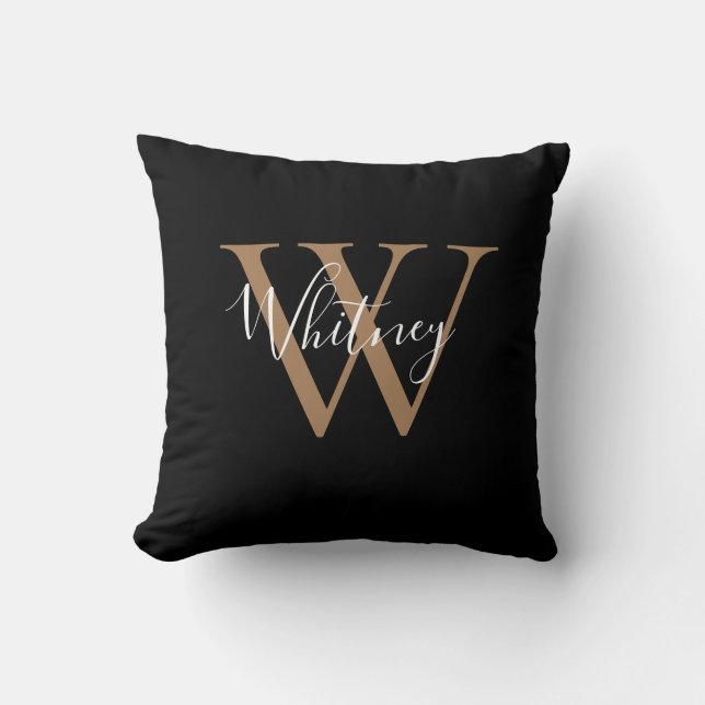 Coussin Nom du monogramme moderne de script noir et or (Recto)