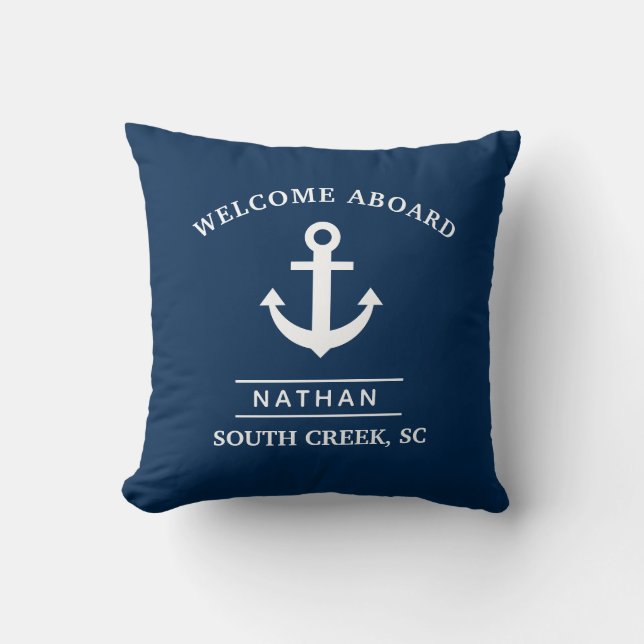 Coussin Nom du monogramme personnalisé Marine Blue Welcome (Recto)