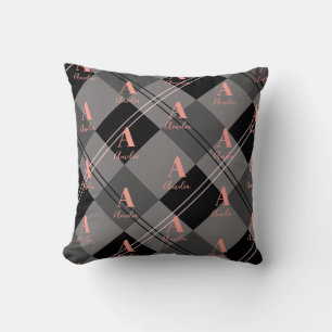 Coussin Nom du monogramme Plaid Grey noir rose