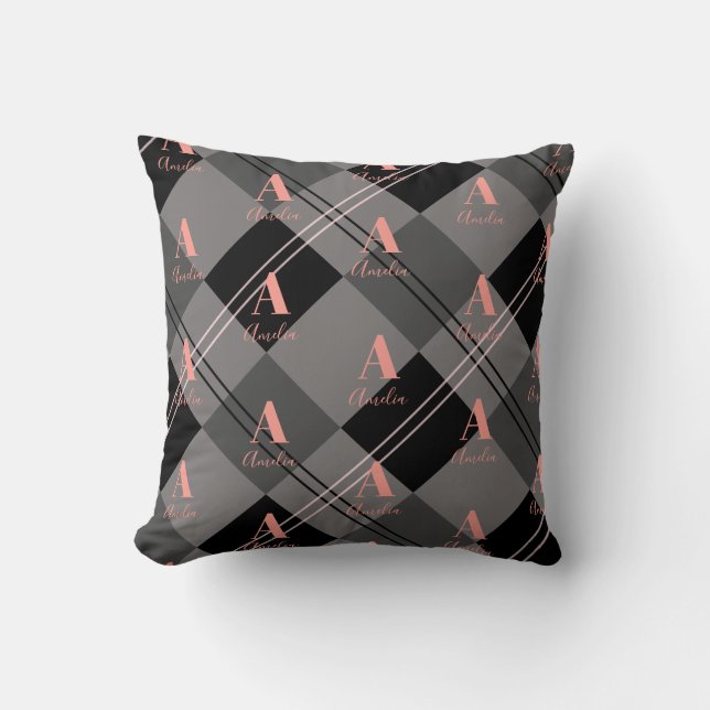 Coussin Nom du monogramme Plaid Grey noir rose (Recto)