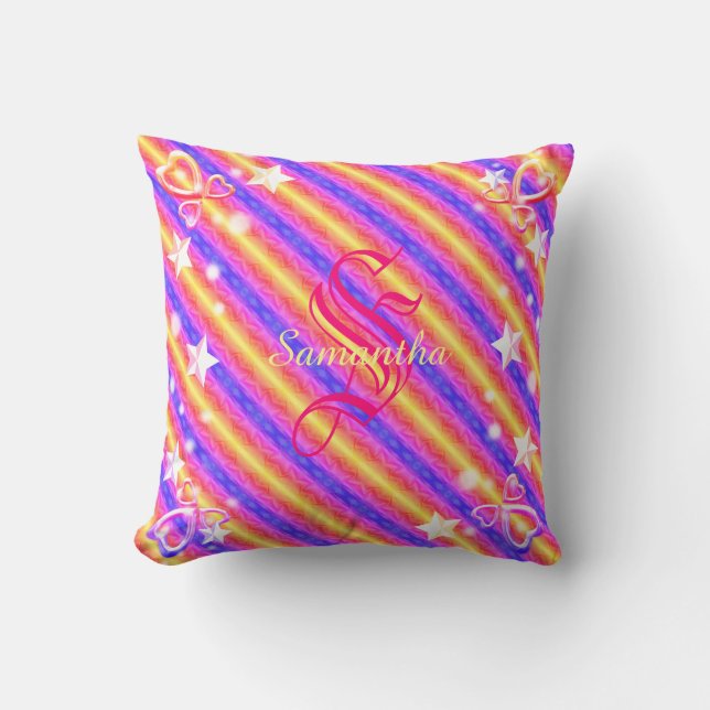 Coussin Nom du monogramme Rainbow Stripe Stars Coeurs Girl (Recto)