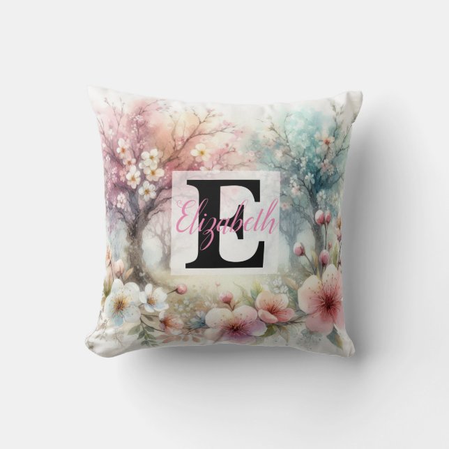 Coussin Nom du monogramme sur l'aquarelle Fleurs en pastel (Recto)