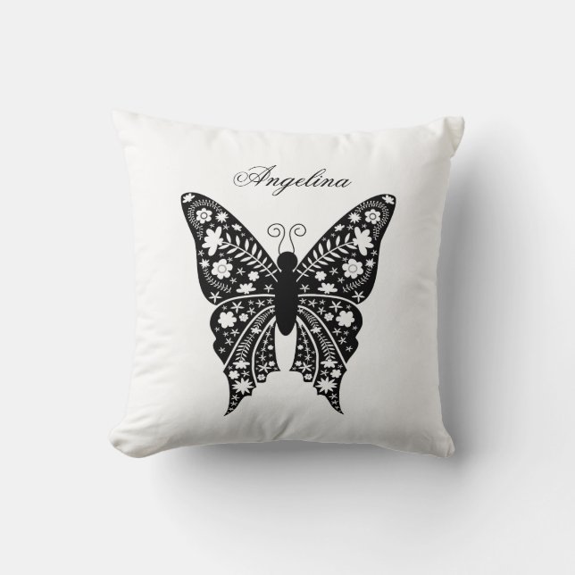Coussin Nom du papillon moderne noir et blanc (Recto)