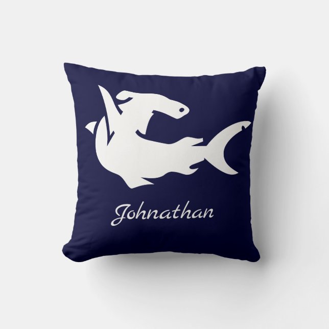 Coussin Nom du requin en tête de marteau blanc bleu marine (Recto)