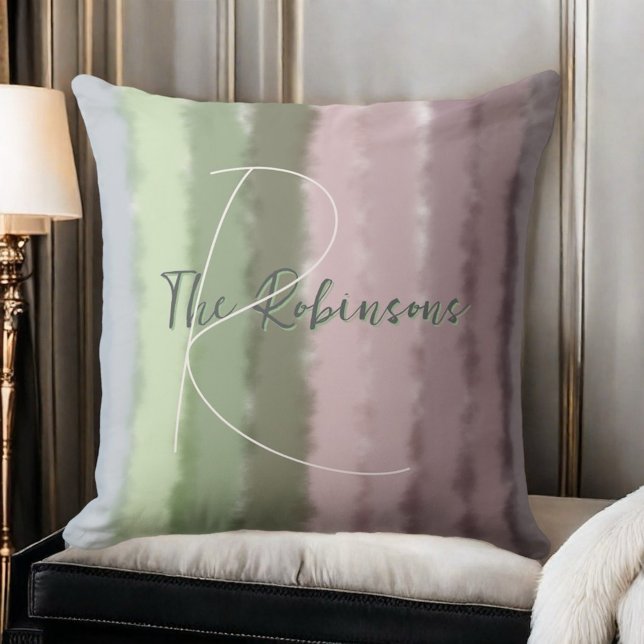 Coussin Nom du script monogramme ombre violet vert rayures (Créateur téléchargé)