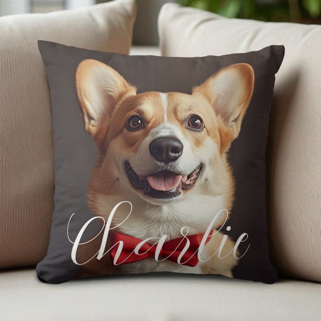 Coussin Nom du script photo personnalisé pour animal de co (Custom Pet Photo Script Name Simple Calligraphy Throw Pillow)