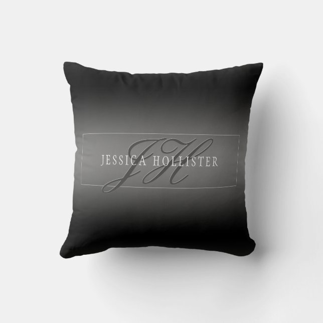 Coussin Nom élégant & Initiales monogrammées | Noir & Gris (Verso)