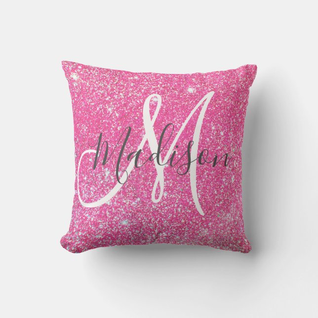 Coussin Nom en monogramme paillettes rose chaud glamour fé (Recto)