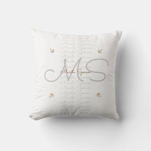Coussin nom et initiales chic avec ancres, monogramme blan