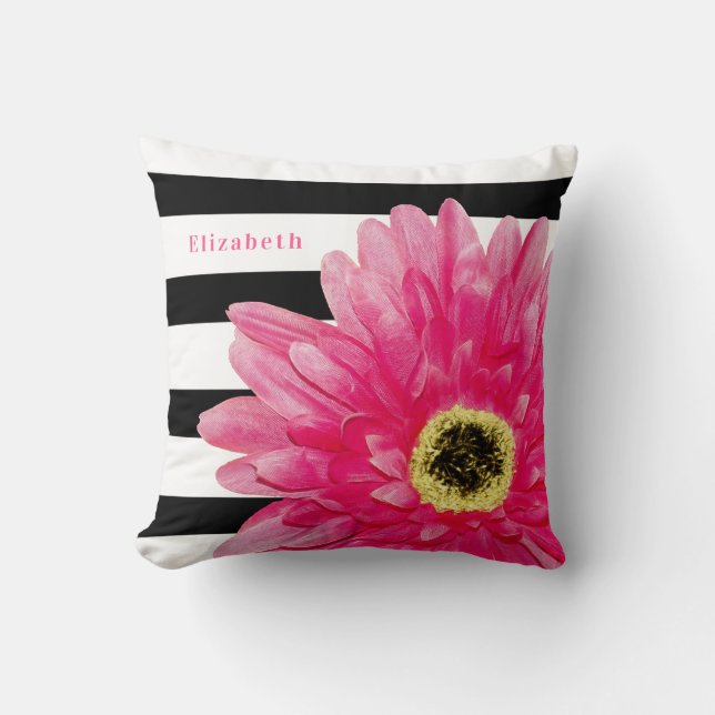Coussin Nom Fleur Pâquerette Rose Rayure Noire (Recto)