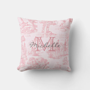 Coussin Nom initial monogramme toile de Jouy française ros