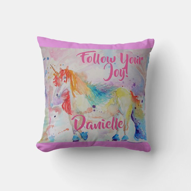 Coussin Nom Licorne Arc-en-Ciel Aquarelle Rose (Recto)