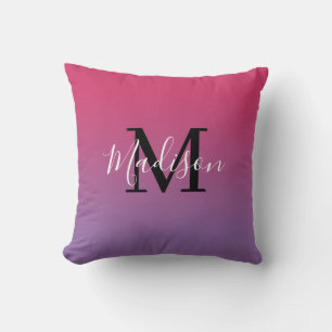 Coussin Nom moderne Monogramme rose à violet dégradé