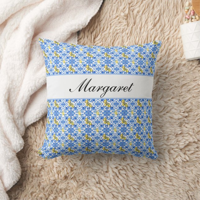 Coussin Nom Monogramme Aquarelle Citron Jaune Carreau Bleu (Couverture)