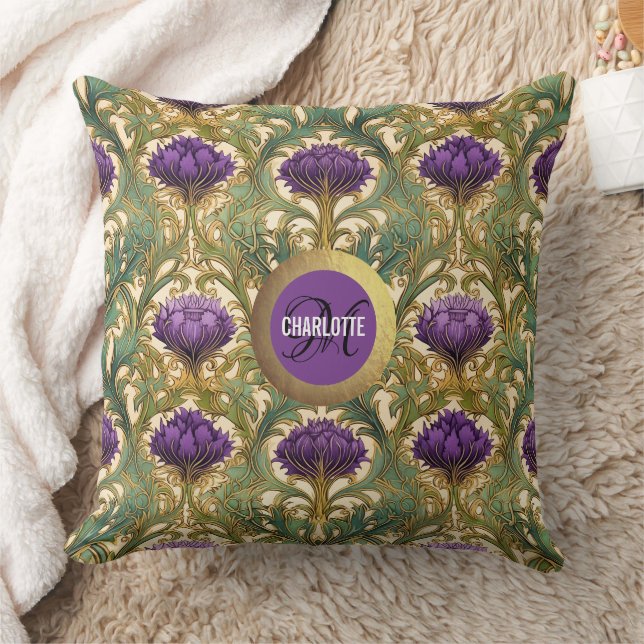 Coussin Nom monogramme de chardon en or violet Art Nouveau (Couverture)