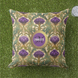 Coussin Nom monogramme de chardon en or violet Art Nouveau