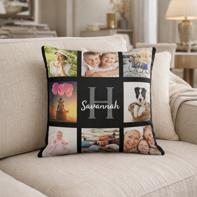 Coussin Nom monogramme de collage photo personnalisé noir (Créateur téléchargé)