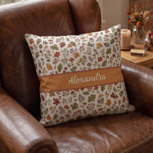Coussin Nom Monogramme de Feuilles de Champignon Rustique 